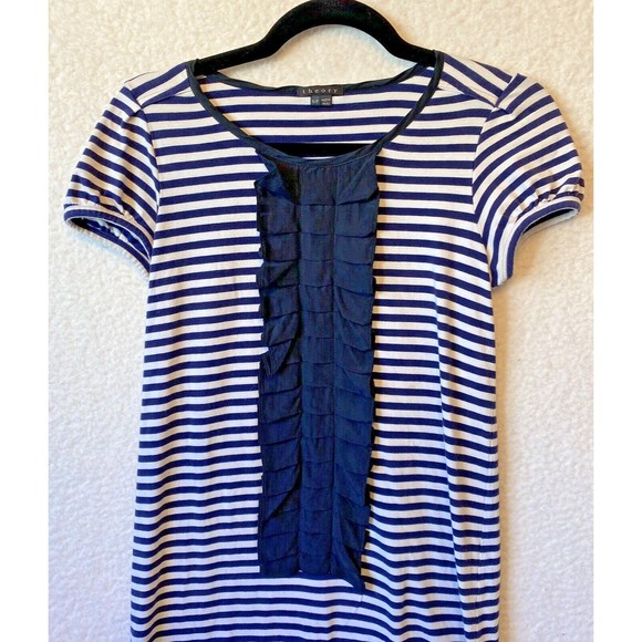 THEORY Striped Blue White Cotton Blend T-shirt Dress with Silk Trim Size‎ S - Picture 2 of 9